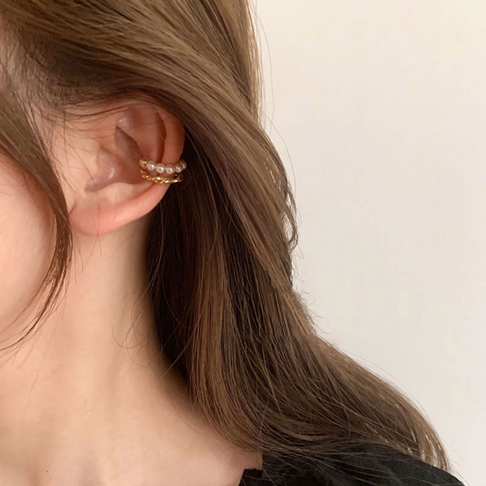 1 Khuyên Vành Tai Hai Lớp Đính Ngọc Trai Thời Trang