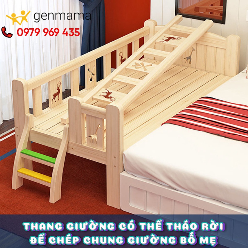 giuờng gỗ cho bé , giường ghép ngủ chung bố mẹ size 150 x 70 cm , chất liệu gỗ thông new zealand tự nhiên GENMAMA