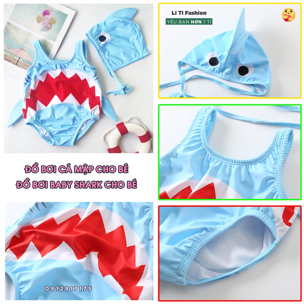 Đồ bơi hình Cá Mập - Đồ bơi baby shark cho bé 7-15kg có sẵn mũ - Đồ bơi cá mập siêu cute cho bé trai/bé gái