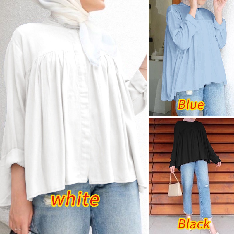 Áo Zanzea kiểu hồi giáo tay dài cổ tròn cài nút trước màu trơn