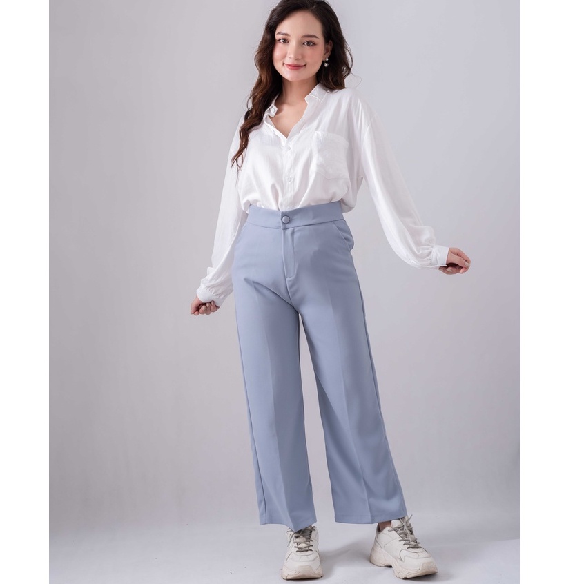 Áo sơ mi nữ dài tay trơn basic dáng rộng, ảnh thật sau