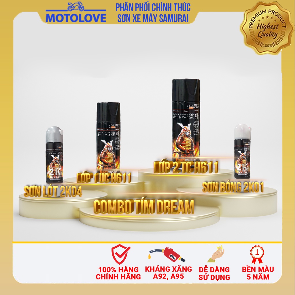 Combo sơn samurai màu tím dream UC + TCH611 loại 2K chuẩn quy trình độ bền 5 năm gồm 4 lon 2K04 + UCH611 + TCH611 + 2K01