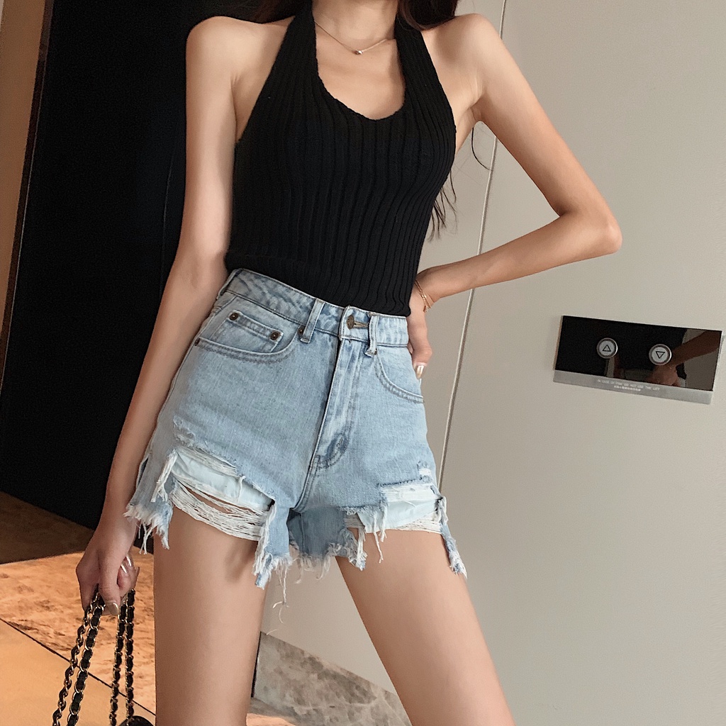 DUNEA Quần short denim rách lưng cao phong cách Hàn Quốc gợi cảm cho nữ