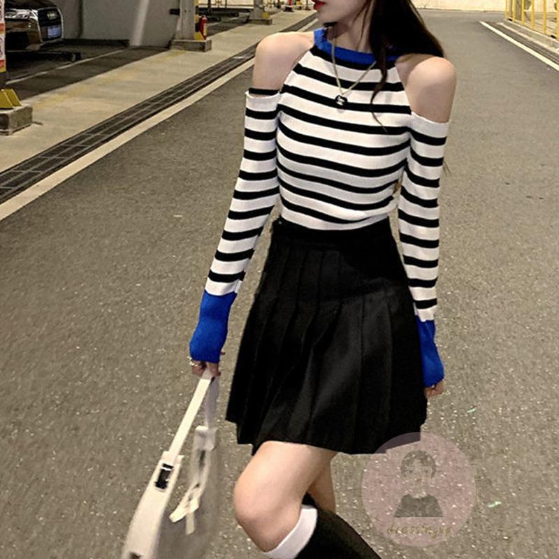 Áo Thun Dài Tay Cổ Tròn Họa Tiết Sọc Ngang Thời Trang Dành Cho Nữ