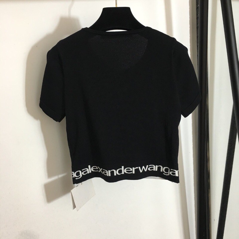 Áo len ngắn tay cổ tròn dáng croptop Alexander Wang đính đá vạt chéo