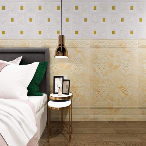 Xốp dán tường hoa văn cổ điển màu vàng - hoa văn ngẫu nhiên - xốp dán chân tường - lamri dán tường