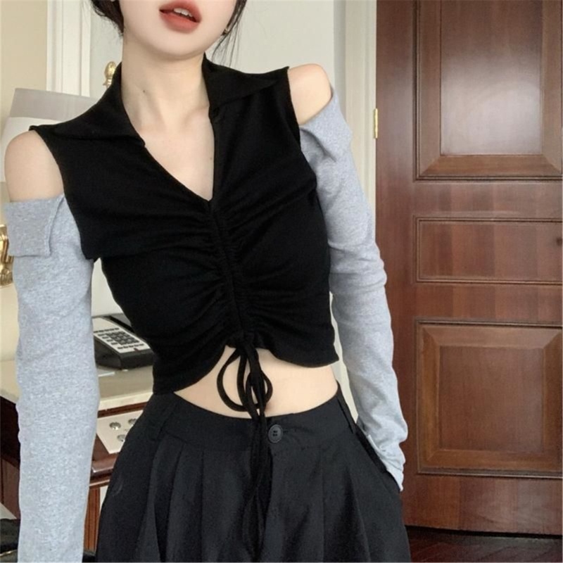 Áo Thun Ôm Dáng Phối Dây Rút Hở Vai Quyến Rũ Thời Trang Cho Nữ