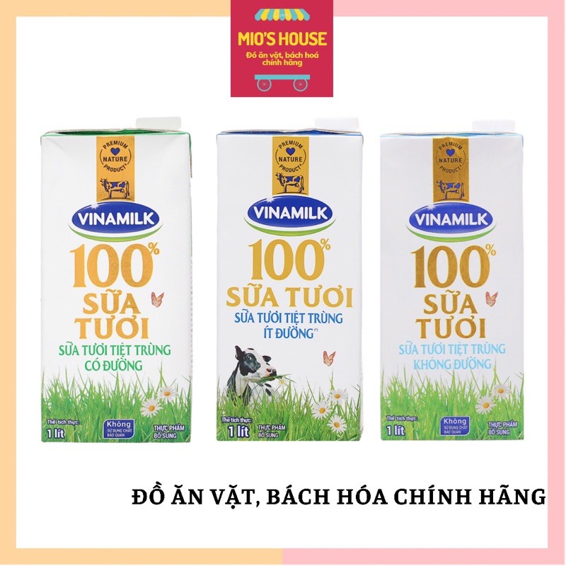 Sữa tươi tiệt trùng 1L có đường/không đường/ít đường Vinamilk 100% hộp 1 lít