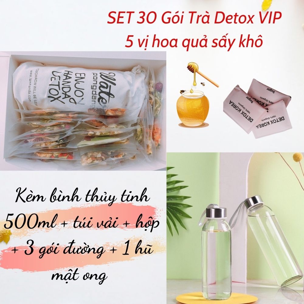 Set 30 gói detox VIP 5 vị hoa quả sấy khô. Tặng bình thủy tinh Pongdang 500ml, túi vải +3 gói đường+1 hũ mật ong