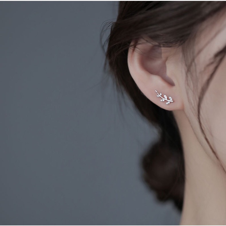 Bông tai AURA bạc, khuyên tai lá ô liu đính đá thanh lịch cho nữ-AURASILVER-KT06
