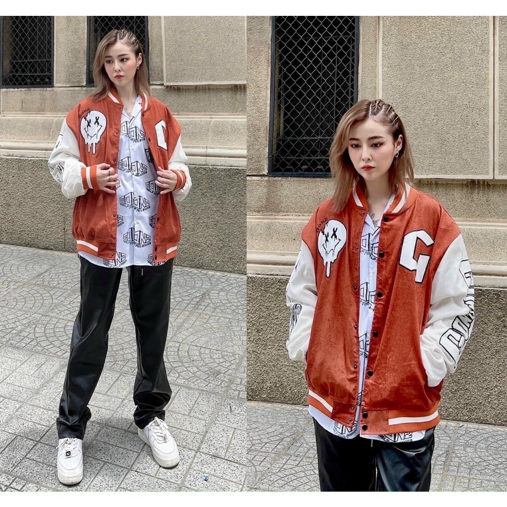 Áo Khoác Bomber Jackets Nhung Gân Tăm Thêu GONZ Varity Form Rộng Unisex Nam Nữ Ulzzang