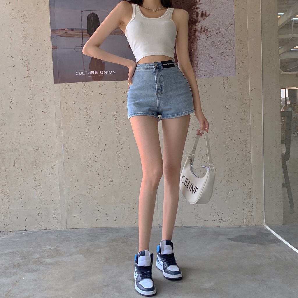 DUNEA Quần Short Denim Lưng Cao In Chữ Cá Tính Dành Cho Nữ