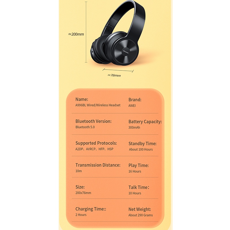 Tai Nghe Bluetooth AWEI A996BL Không Dây Gấp Gọn Được Trong Vòng 16 Giờ Kèm Mic