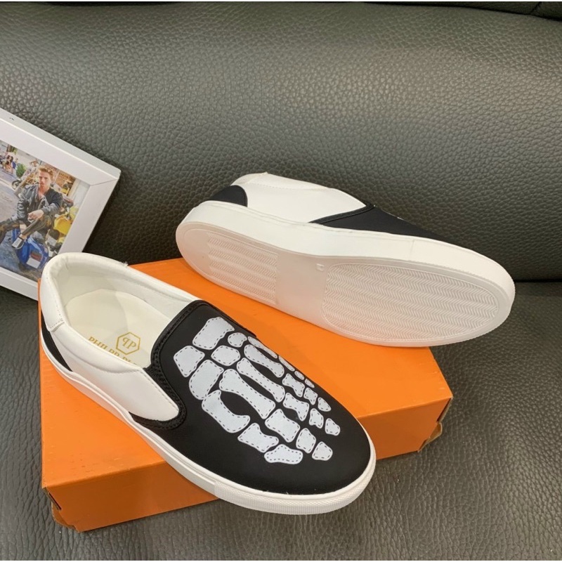 Giầy slip on có hoạ tiết xương thời trang nam, Giầy sục nam đế trắng mũi tròn hai mầu trắng đen phong cách giới trẻ