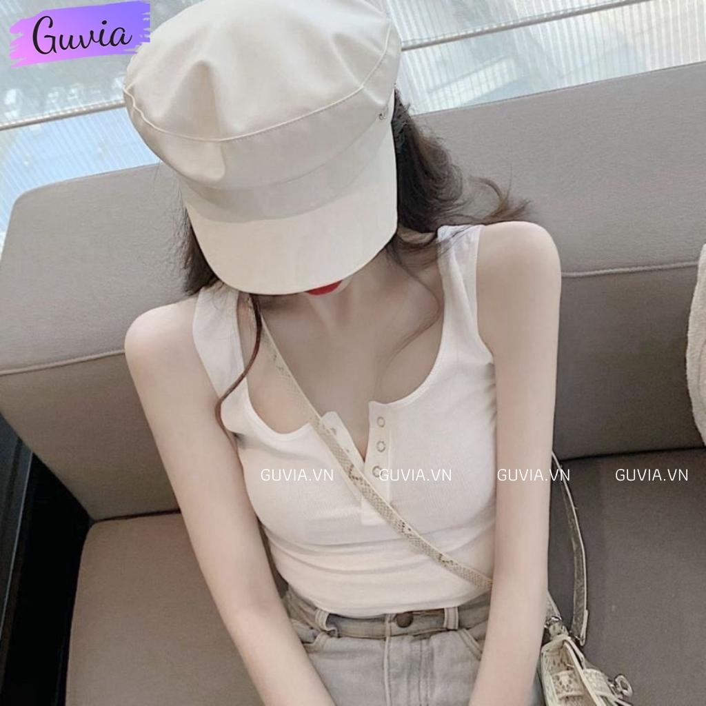 Áo Croptop Ba Lỗ Nữ Sát Nách Cổ Vuông Cúc Bấm Thun Gân Chất Tốt, Áo kiểu nữ mặc đẹp GUVIA