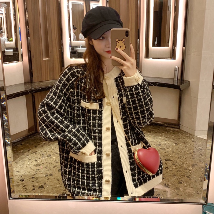 Áo  khoác cardigan len nữ dạ tweed Quảng châu họa tiết ziczac  màu xanh kem phong cách hàn quốc vintage ulzzang AC2