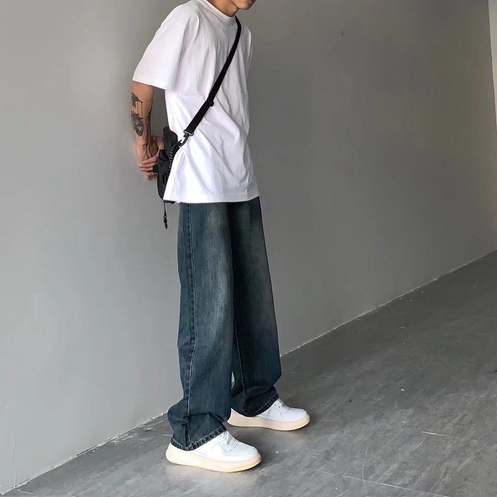 Quần jeans dài ống rộng phong cách retro đường phố Nhật Bản cho nam và nữ