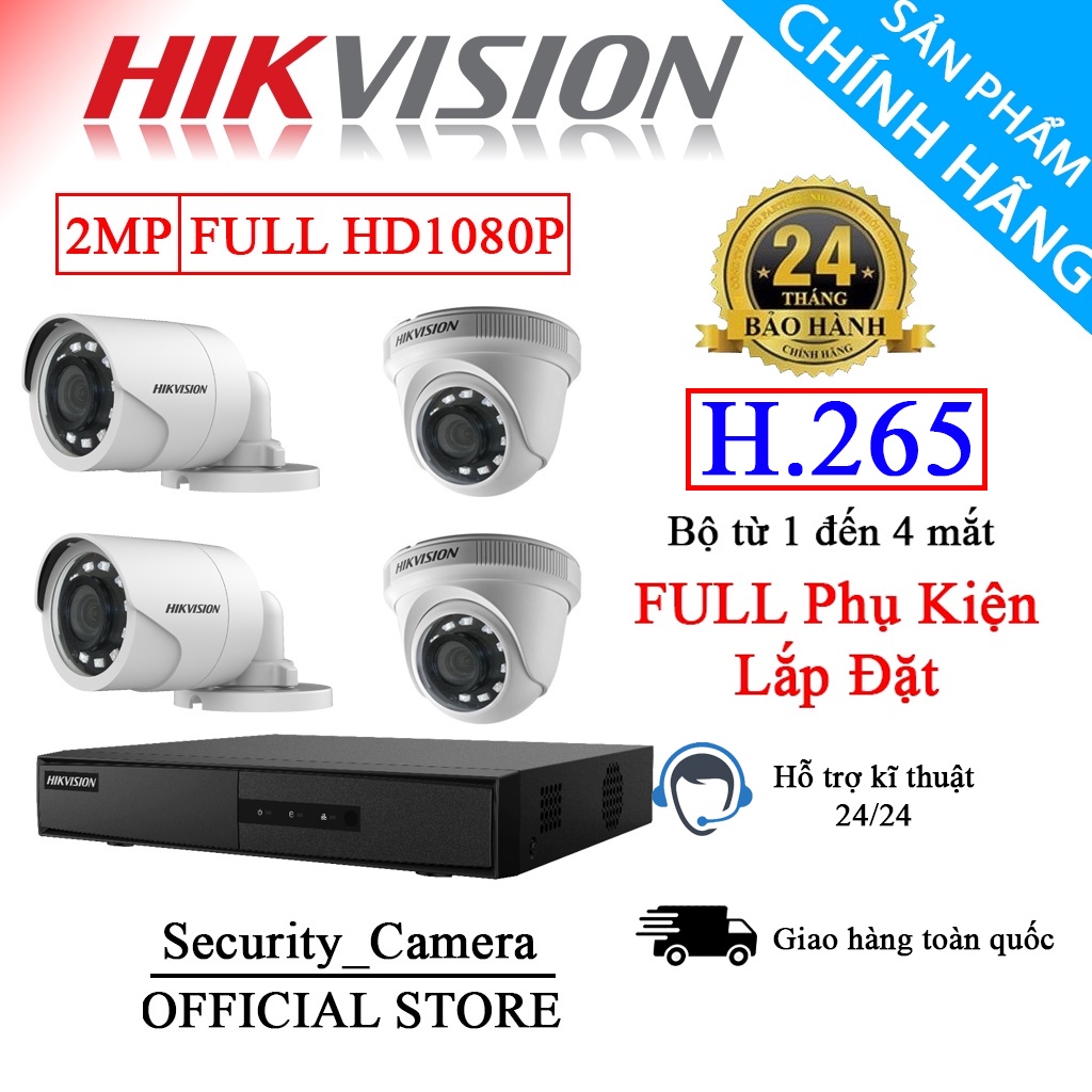 Trọn Bộ Camera 1/2/3/4 Mắt Hikvision Chính Hãng 2Mp Full HD 1080P (FULL PHỤ KIỆN LẮP ĐẶT), Ổ Cứng tùy chọn