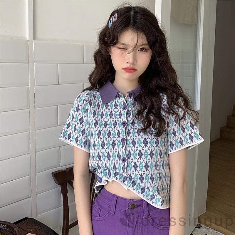 Áo Thun Ngắn Tay Cổ Bẻ Màu Sắc Tương Phản Thời Trang Mùa Hè Cho Nữ