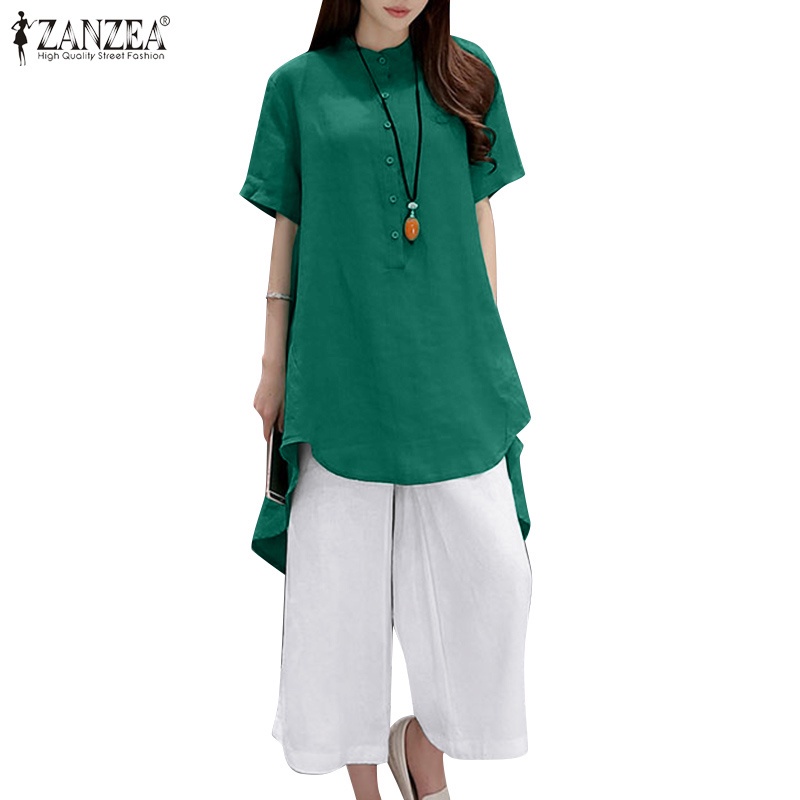 Bộ đồ ZANZEA gồm áo kiểu tay ngắn cổ tròn và quần lưng co giãn dáng rộng màu trơn cổ điển dễ phối đồ dành cho bạn nữ