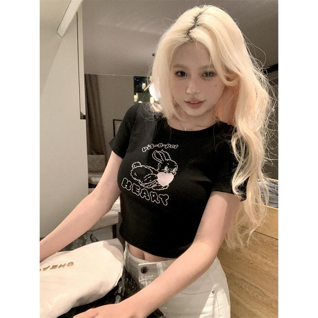 QADCOL Áo Thun Tay Ngắn Hở Eo In Hình Thỏ Dễ Thương Thời Trang Mùa Hè Cho Nữ