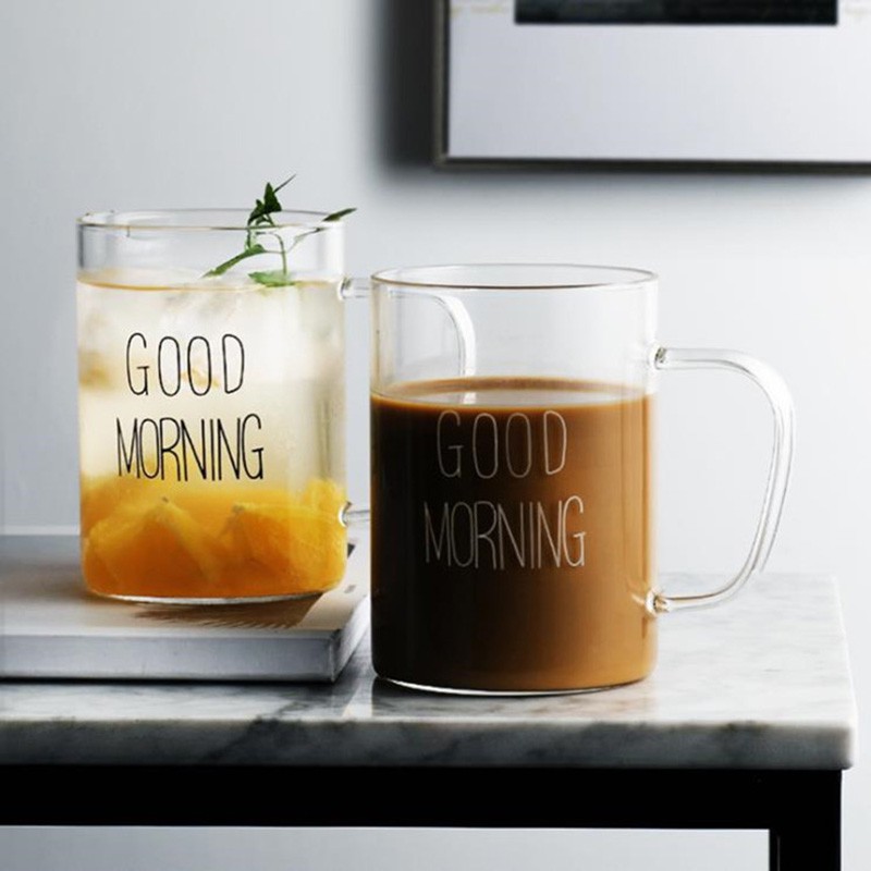 Cốc Thủy Tinh Trong Suốt In Chữ GOOD MORNING Có Tay Cầm Sáng Tạo Dùng Để Uống Cà Phê/Trà/Sữa