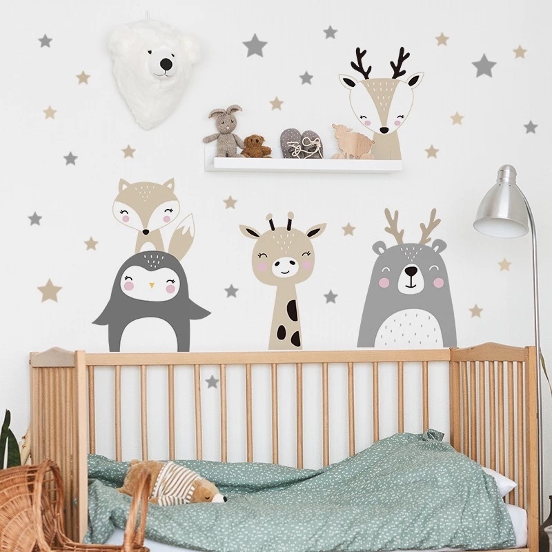 Sticker Dán Tường Họa Tiết Động Vật Cầu Vồng Hoạt Hình Vui Nhộn Để Trang Trí Phòng Bé