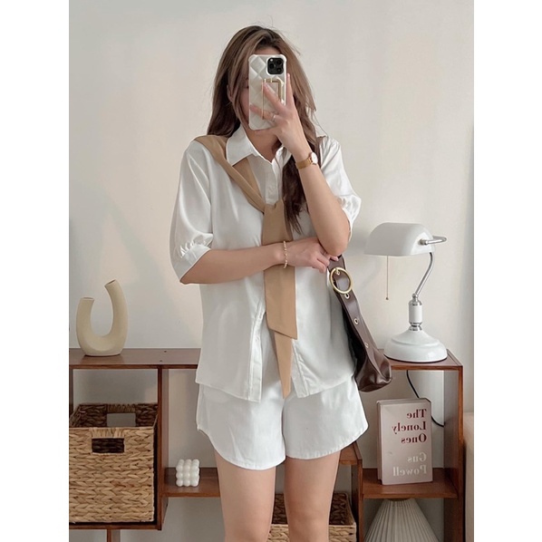 Set áo sơ mi nữ cộc tay may liền khăn dáng rộng chất đũi lụa mịn phong cách Hàn quốc