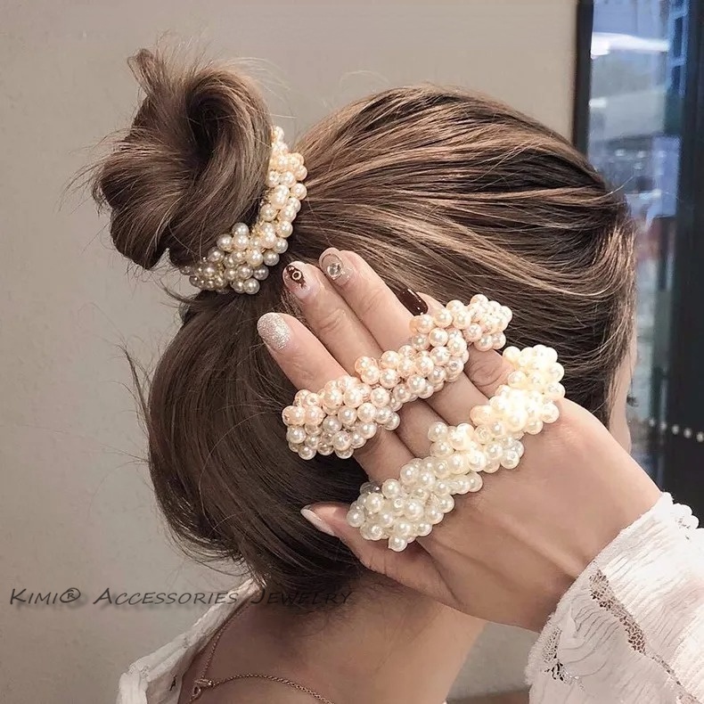 Cột Tóc Scrunchie Dây Buộc Tóc Đính Hạt Ngọc Trai Thanh Lịch Dành Cho Nữ