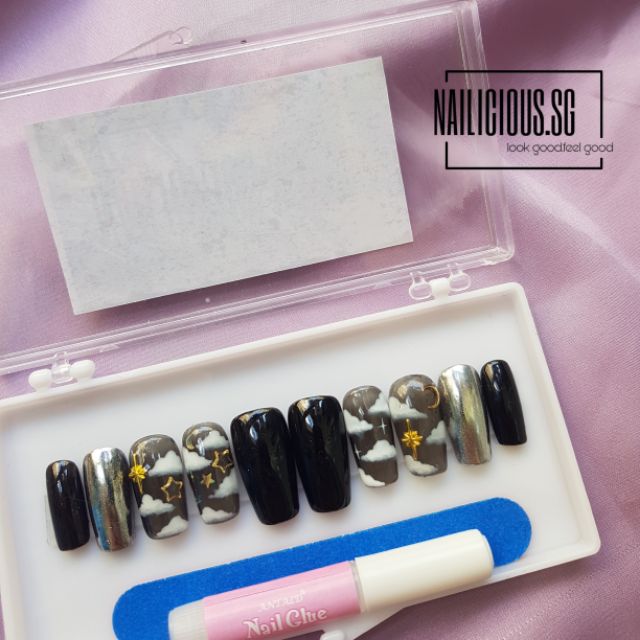 Nailbox - móng úp/móng giả MẪU THẠCH ĐEN VẼ MÂY