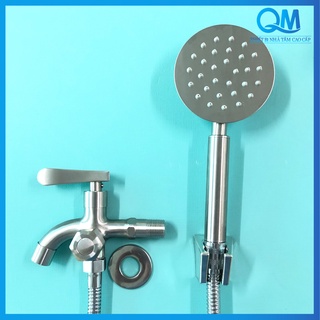 Bộ vòi sen tăng áp inox 304 - Bộ đầy đủ củ sen lạnh inox 304 + tay sen inox tròn dẹt + dây sen + cài sen
