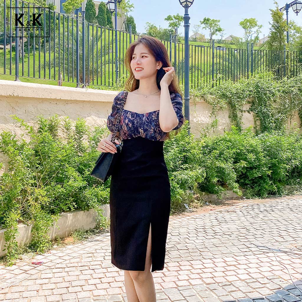 Đầm Công Sở Dáng Chữ A Phối Màu K&K Fashion KK111-32 Cổ Vuông Tay Chất Liệu Voan Phối Cotton Hàn