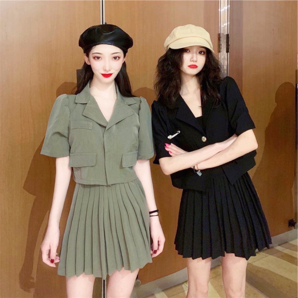 Sét chân váy xếp ly mix áo vest croptop màu rêu, Bộ đồ Chân váy tennis áo cộc tay kiểu hàn form ôm