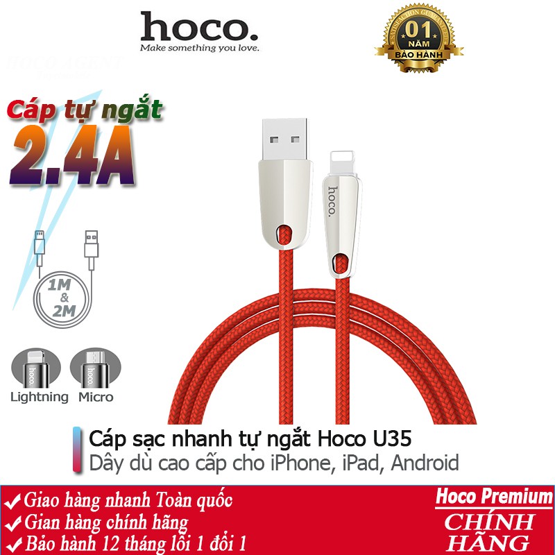 Cáp sạc nhanh HOCO U35 tự ngắt cho iPhone, iPad, Android dây dài 1.2m - Chính hãng