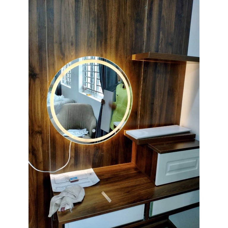 Gương tròn treo tường Led phun cát D60, gương nhà tắm Gương Tròn Decor, công tắc cảm ứng tiện lợi