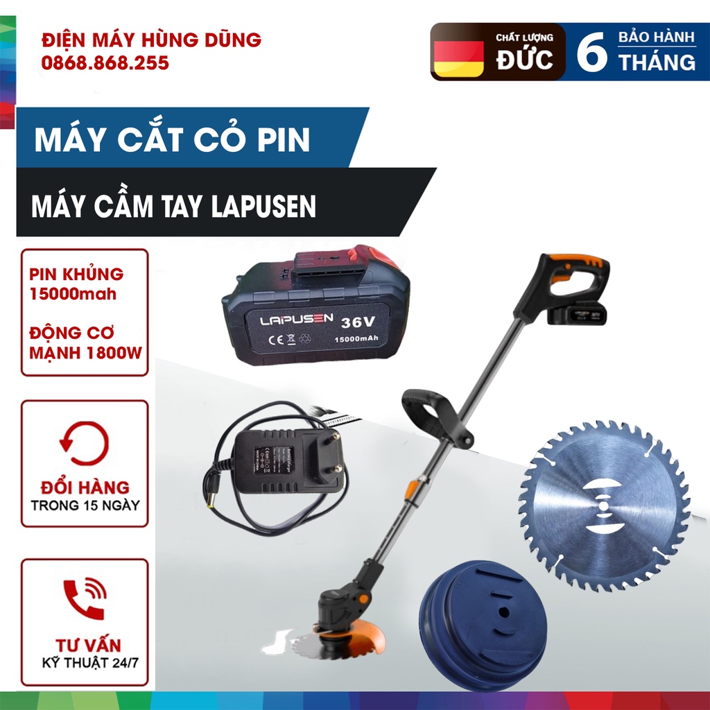 Máy cắt cỏ, tỉa cành cầm tay LAPUSEN dùng pin 36v siêu khỏe - tặng bộ 8 lưỡi cắt - pin khủng 15000 mah - công suất 1800w