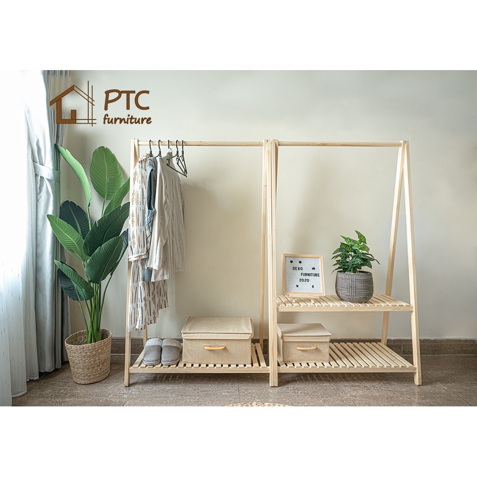 [ Sale Sốc ] Giá Treo Quần Áo 1 Tầng Gỗ Thông PTC FURNITURE Màu Vân Gỗ Nội Thất Lắp Ráp Phong Cách Hàn Quốc