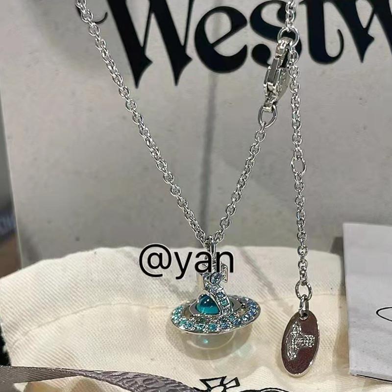 Vòng cổ Kim Cương Toàn Diện Mặt Hành Tinh Đính Kim Cương Màu Xanh Dương Nữ Hoàng Phương Tây Vivienne Westwood
