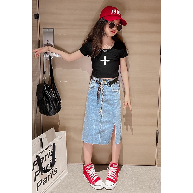 Chân váy jean (TẶNG THẮT LƯNG) size đại cho bé gái 10 tuổi (3-15 tuổi) ✨ Chân váy bò bé gái lớn 30kg