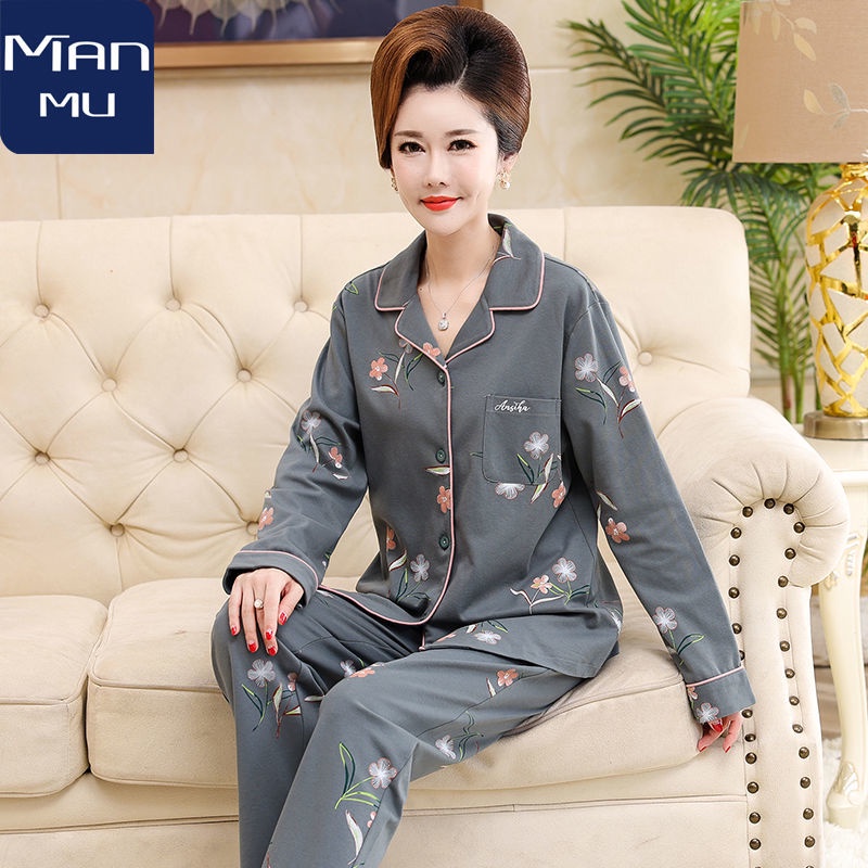 Bộ đồ ngủ dài tay của bà mẹ trung niên và người già bộ đồ ngủ bằng vải cotton dài tay phục vụ ở nhà cho người trung niên
