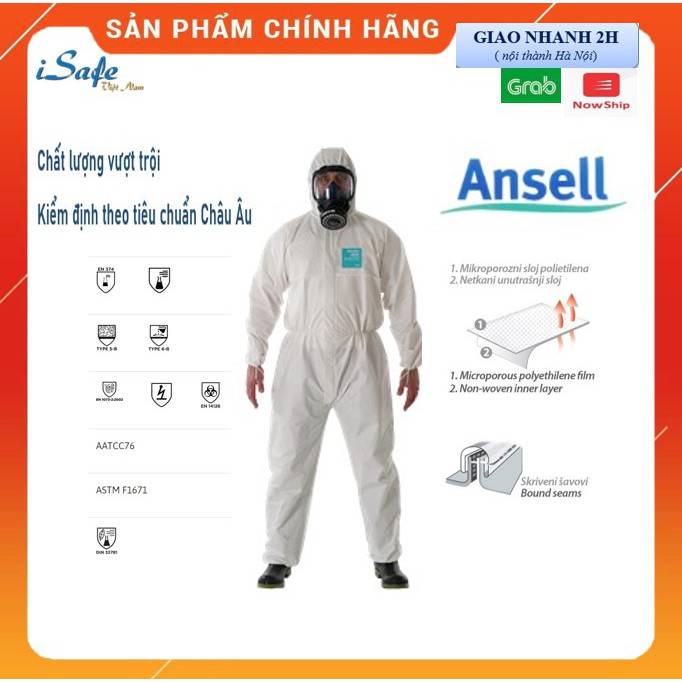 Quần áo phòng dịch cấp độ 4 Ansell Alphatech 2000 Model 111 chính hãng, tiêu chuẩn châu Âu. Bộ chống hóa chất dùng 1 lần