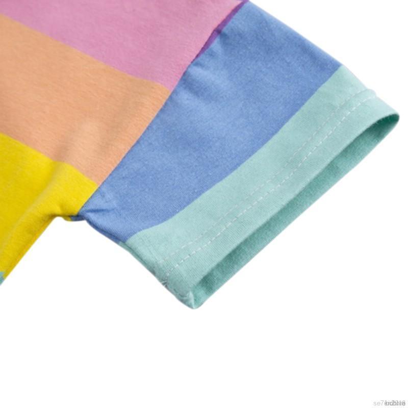 Bộ Áo Thun Ngắn Tay Màu Cầu Vồng + Quần Short Cho Bé Gái