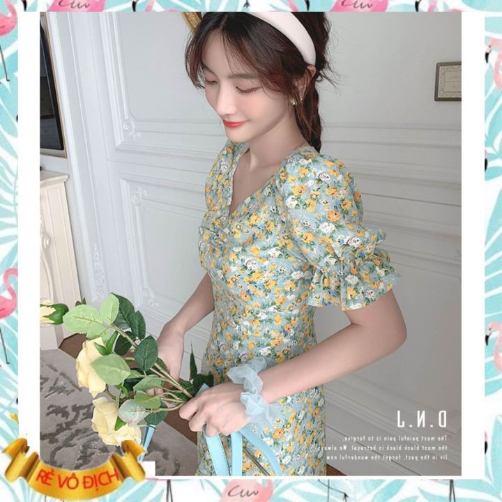 Váy nữ mùa hè thời trang cao cấp đẹp ♥️hoa voan hoa nhí xanh cổ chữ V kiểu Pháp♥️ xinh nhẹ nhàng! | BigBuy360 - bigbuy360.vn