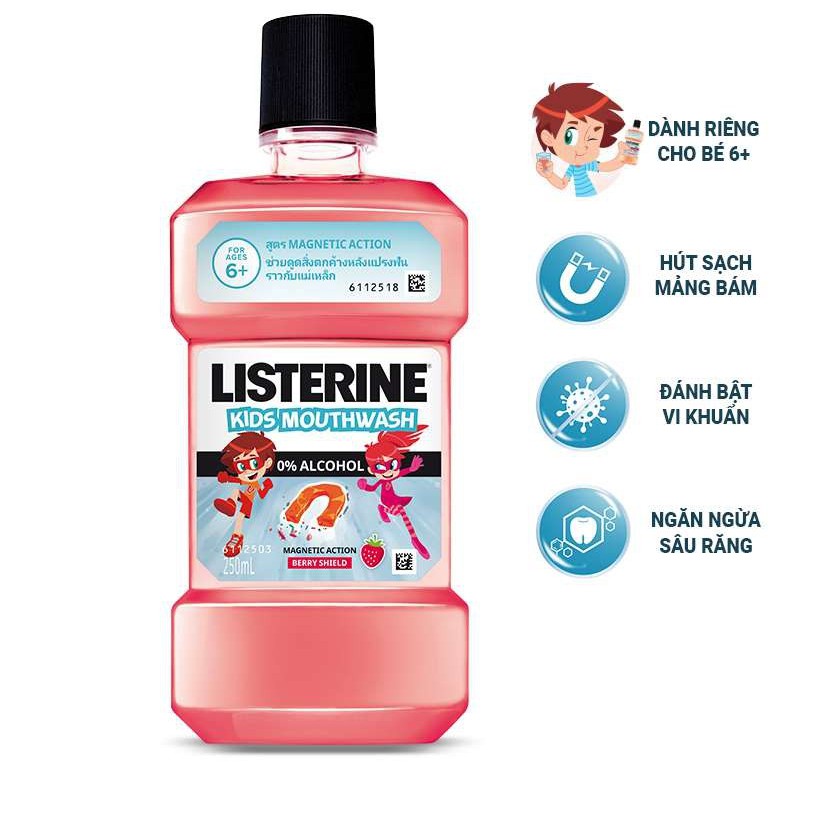 Nước Súc Miệng Listerine Kids Mouthwash 250ml Vị Dâu (Giúp Răng Chắc Khỏe, Ngừa Sâu Răng, Không Cồn) Cho Trẻ Em 6 Tuổi