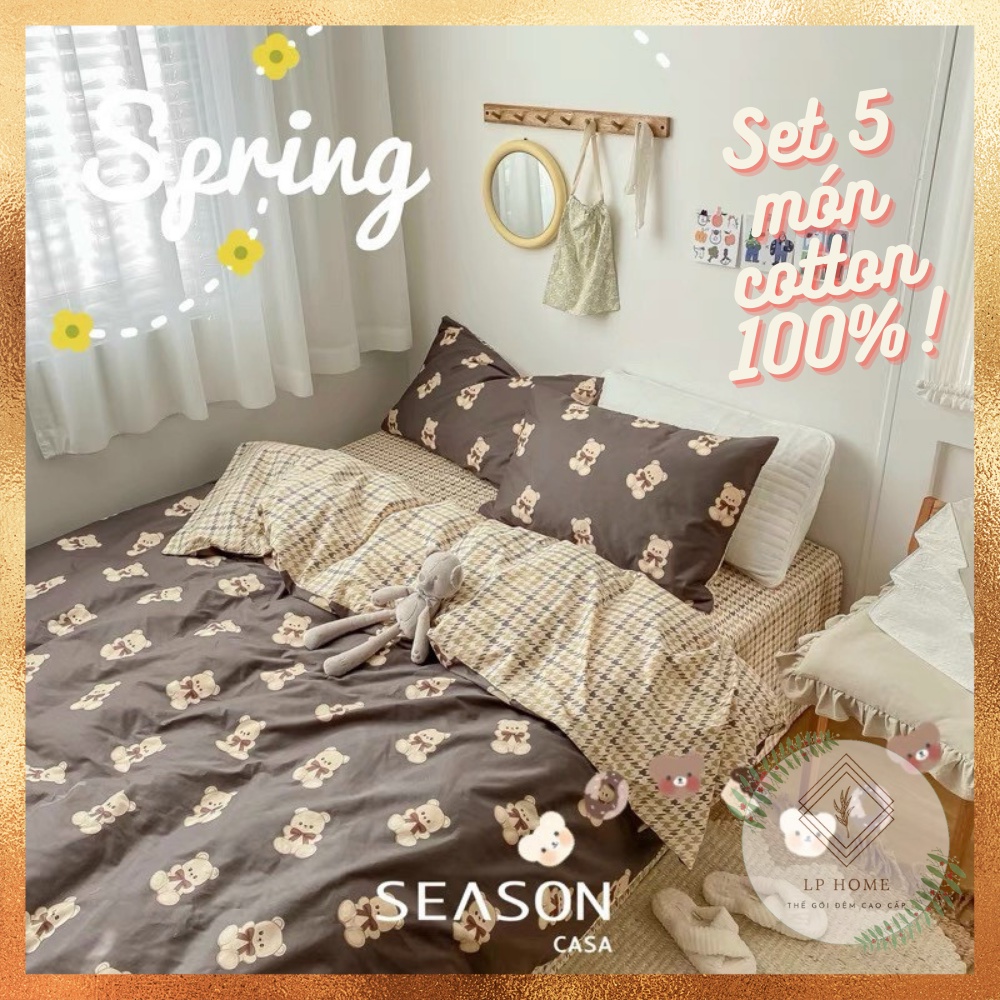 [Tặng vỏ gối ôm] Bộ 4 món chăn ga gối Cotton Living Chú gấu nhỏ nhập khẩu cao cấp