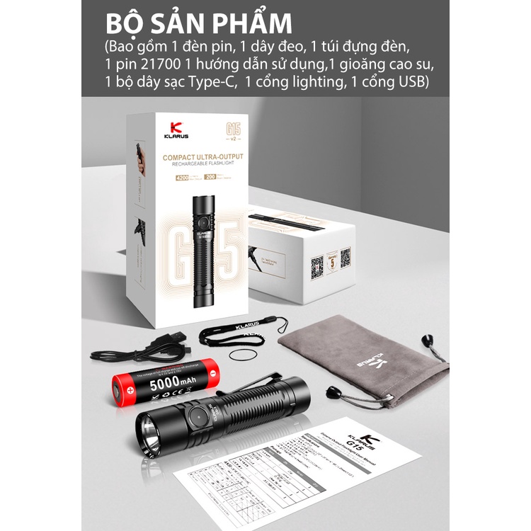 Đèn pin KLARUS G15 v2 độ sáng 4200 lumen chiếu xa 200m pin sạc 21700 5000mAh cổng sạc USB C kiêm power bank
