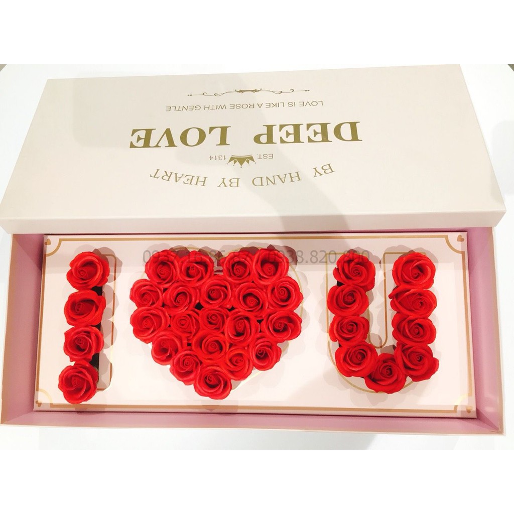 Quà tặng 8/3-Hộp quà hình chữ nhật 33 bông hoa hồng sáp thơm vĩnh cửu màu đỏ LOVE YOU, không phai, không tàn, đẹp, lạ