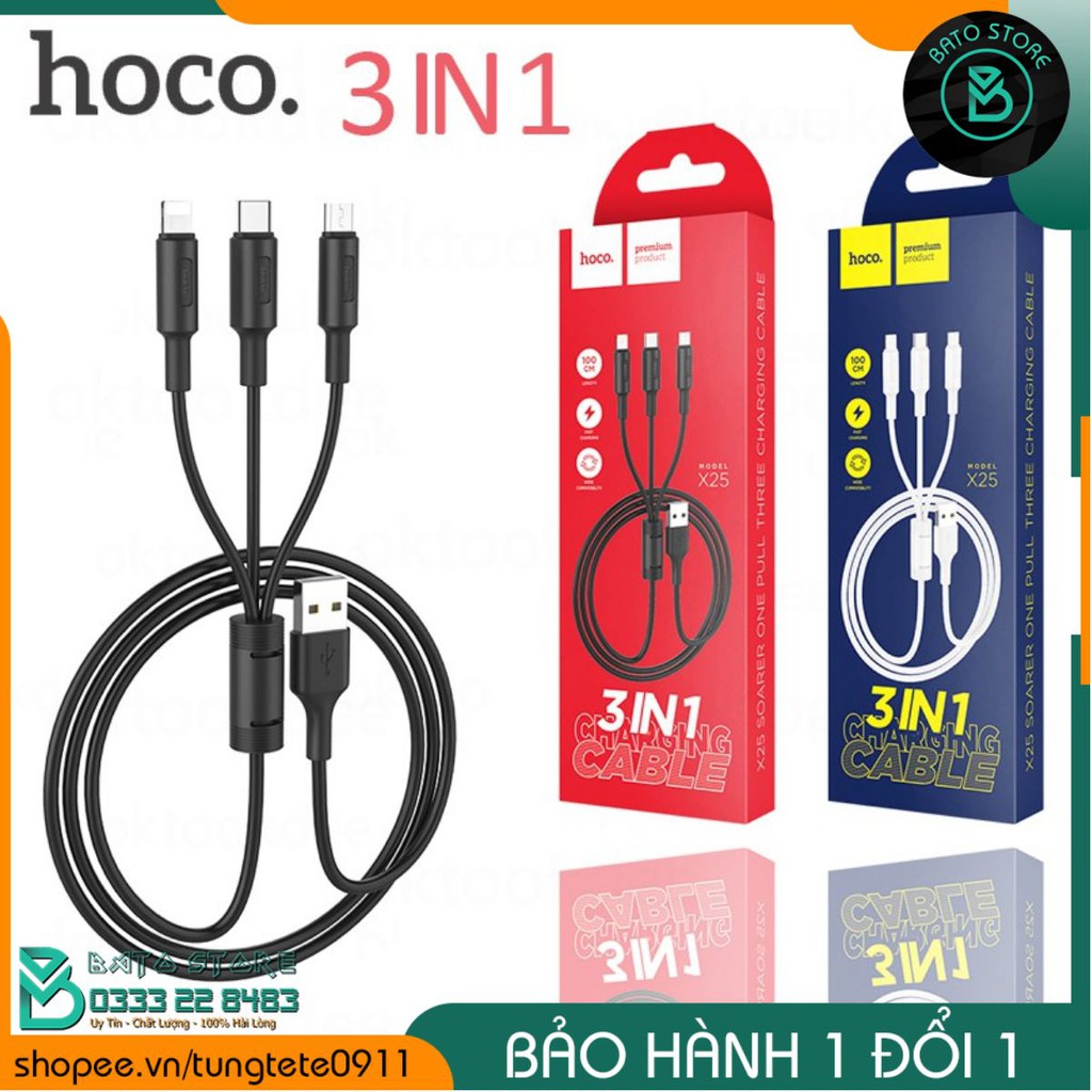 Cáp sạc đa năng 3 đầu Lightning iPhone Micro USB Type C Hoco X25 màu đen