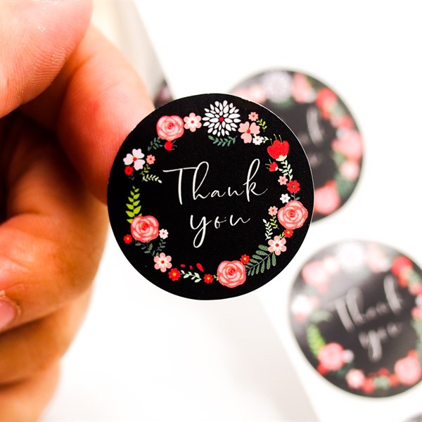 Sticker Thank You Floral nền đen - Sticker Factory - Cuộn băng keo tape cám ơn 500cái x 2.5cm