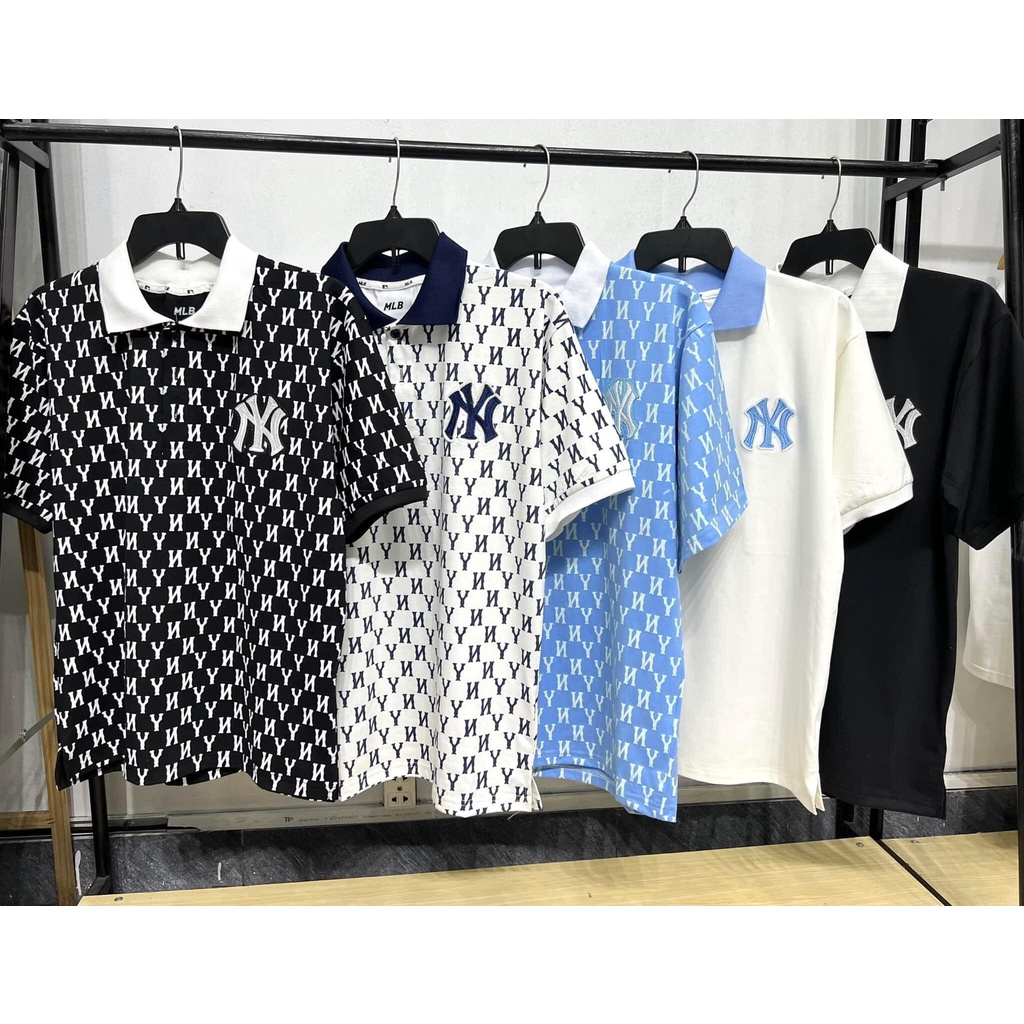 Áo Polo MLB Cotton Tay ngắn in chữ MLB NY Cho Nam Nữ Thời Trang Giới Trẻ